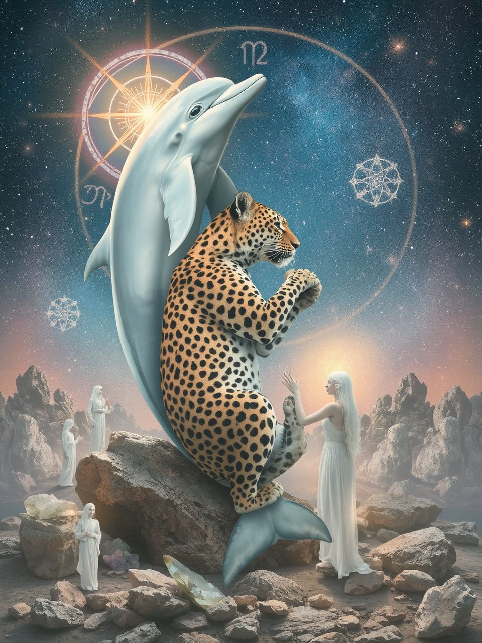 A Vízöntő erőállatai: delfin és párduc, a szabadság szimbólumai.