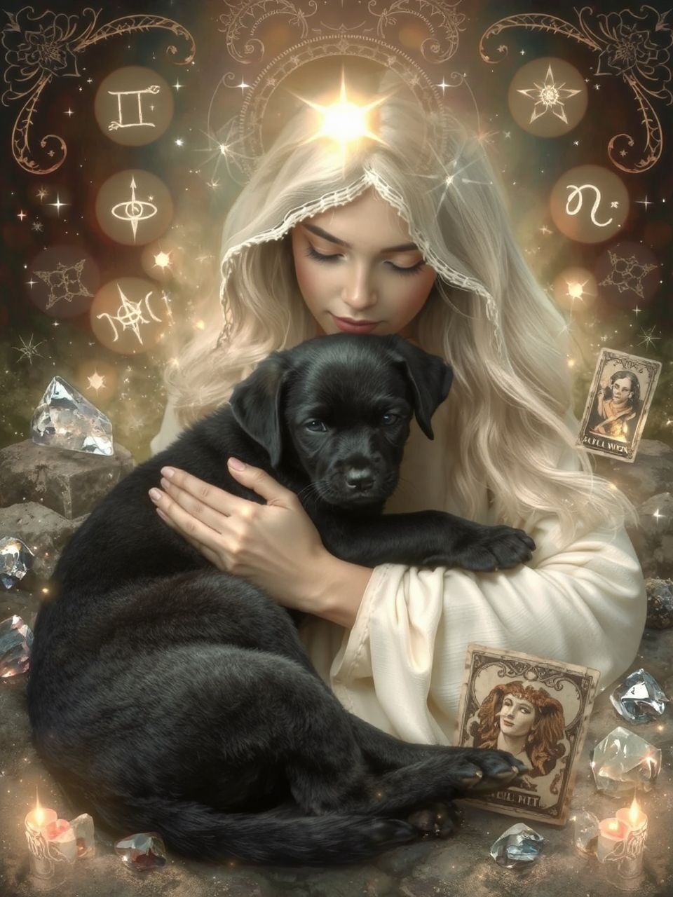 A fekete kiskutya a női principium szimbóluma.