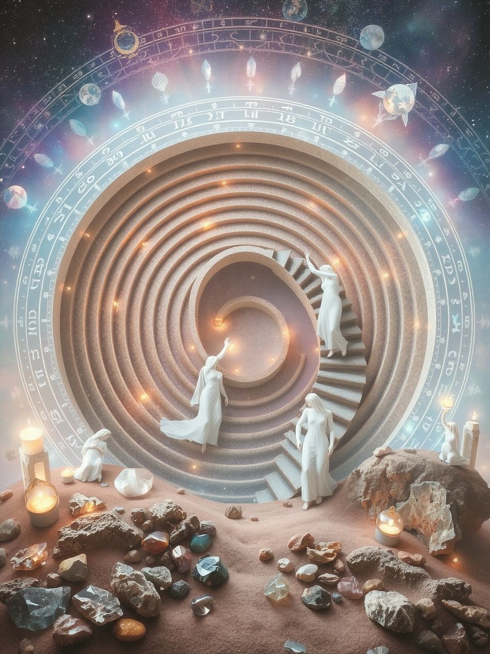 A labirintus és csigalépcső a belső utazást szimbolizálja.