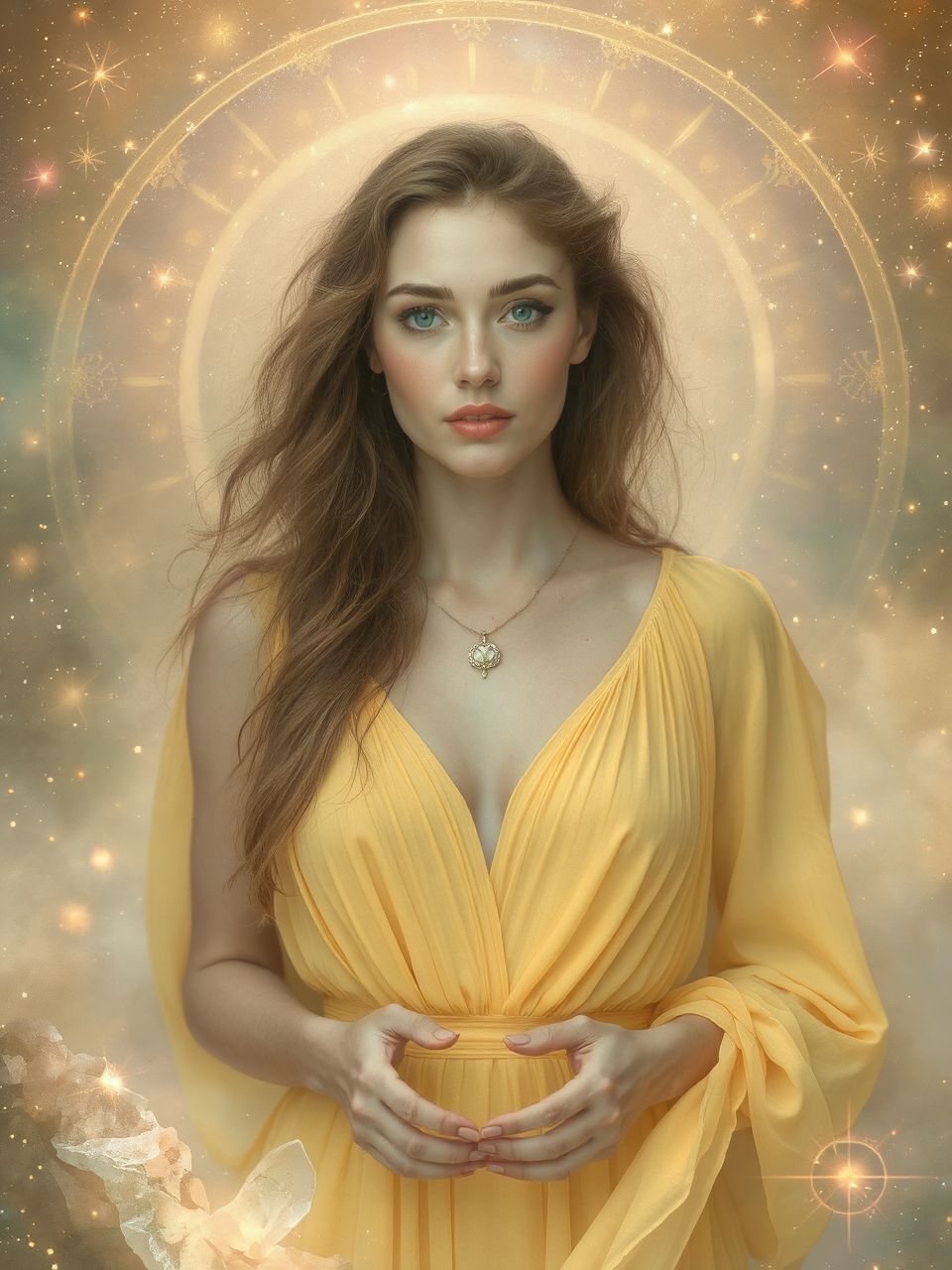 A sárga ruha anyaga szimbolizálja a boldogságot és kreativitást.