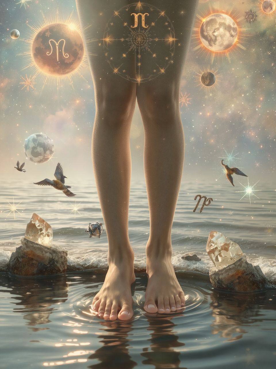 A víz a tisztulást, a láb a mozgást szimbolizálja.