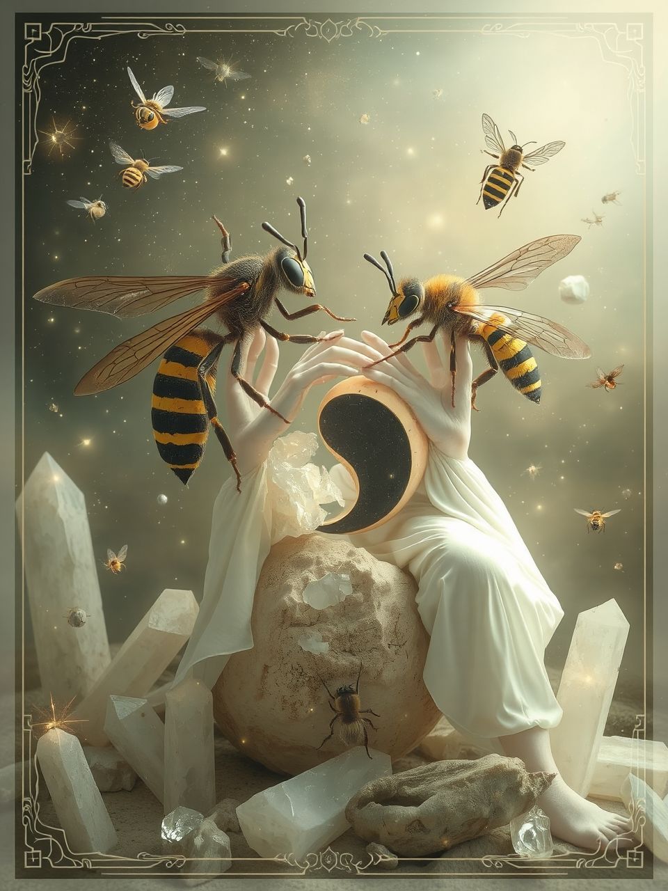 A darázs és méh harmóniája a természet egyensúlyát szimbolizálja.