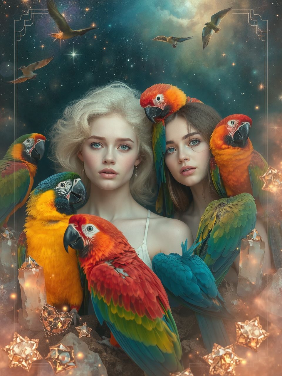 A papagáj színei életenergiát és kommunikációt szimbolizálnak.